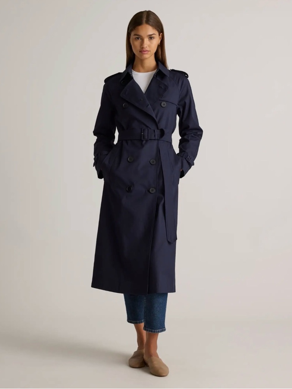 Quince Navy Double-Breasted Comfort Stretch Trench Coat